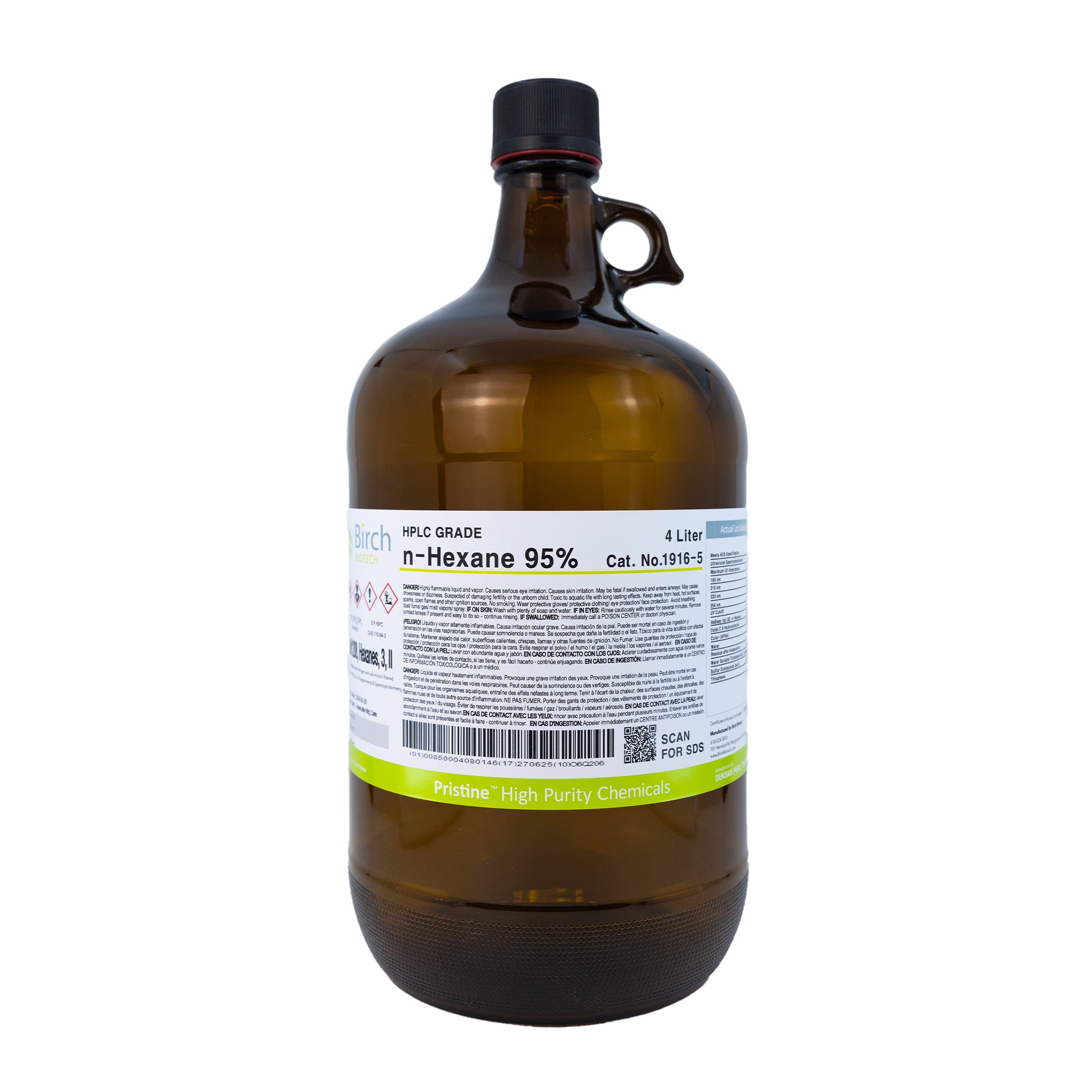 PRISTINE® n-Hexane 95% (1916-5), HPLC Grade, 4 x 4 Liter Bottles